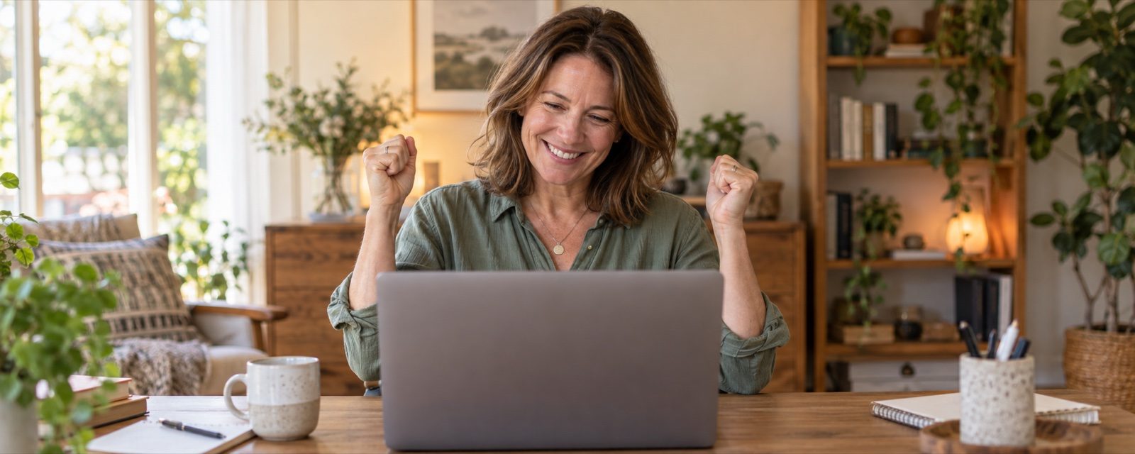 A woman celebrating a moment of confidence at her laptop