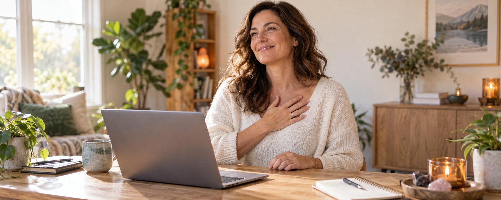A woman smiling with renewed confidence after an online breakthrough experience